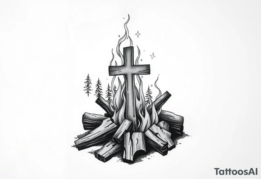 Campfire with cross hidden in the flames include the great outdoors and night sky make sure cross doesn't look like it is on fire tattoo idea