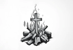 Campfire with cross hidden in the flames include the great outdoors and night sky make sure cross doesn't look like it is on fire tattoo idea