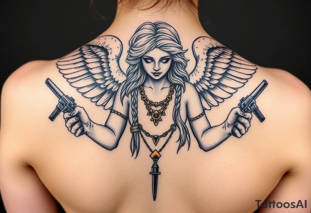 old angel statue in criminal style, tattooed and at the same time contemporary, weapons in hand, gangster-style gold necklaces tattoo idea