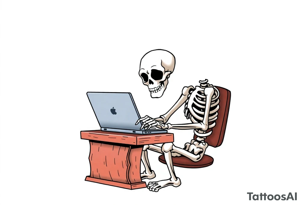 skeleton working at a desk with a laptop tattoo idea