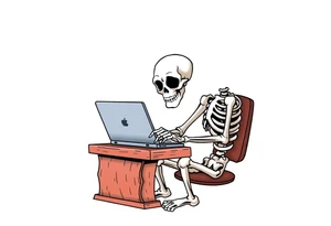 skeleton working at a desk with a laptop tattoo idea