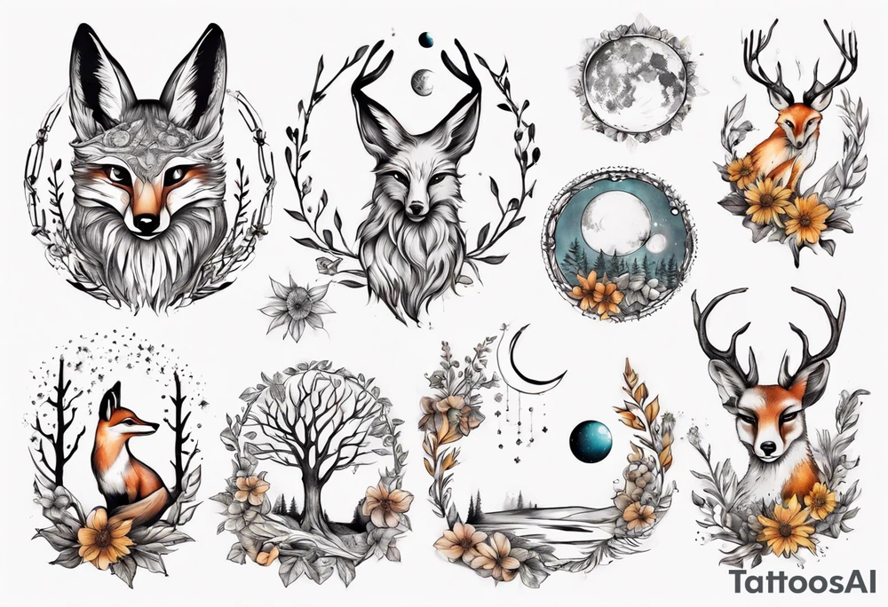 wasser sonne und mond fuchs eule kolibri wald hirsch blume des lebens 
baum berlin tattoo idea
