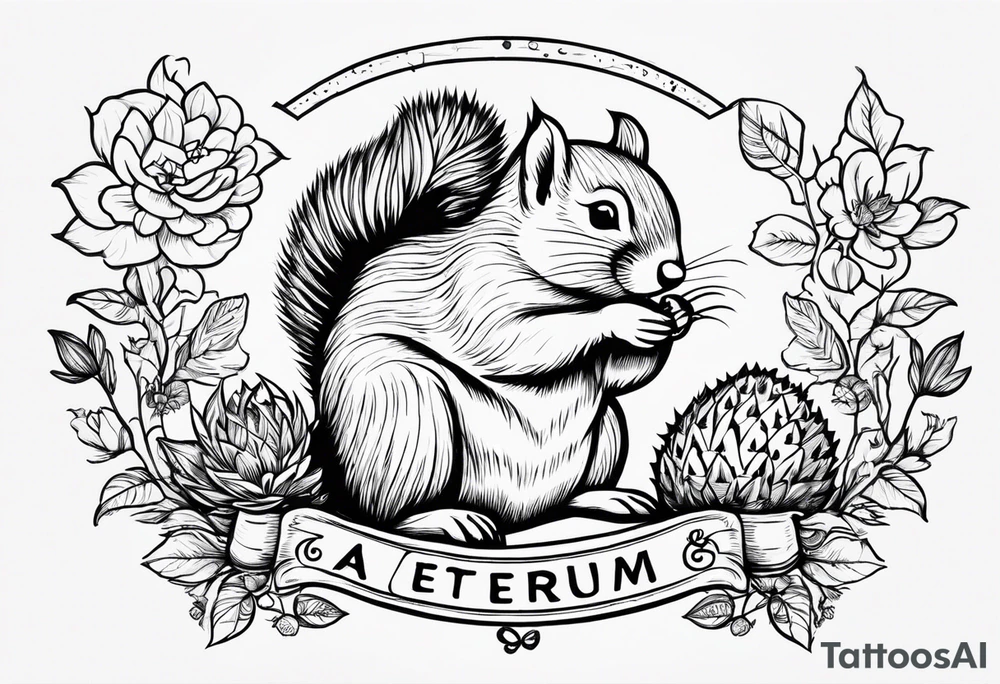 Draw a squirrel and an hedgehog accompanied by the writing “simul in aeternum” tattoo idea