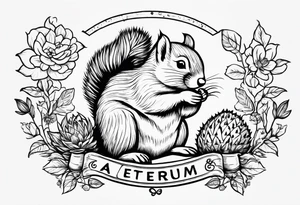 Draw a squirrel and an hedgehog accompanied by the writing “simul in aeternum” tattoo idea