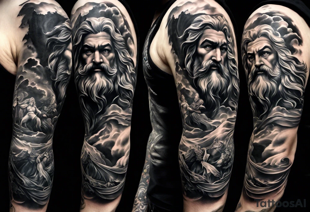 Full left arm tattoo sleeve with Zeus, Poseidon and Hades. Zeus is at the left shoulder, Poseidon is at the left upper arm and Hades is at the left forearm. tattoo idea
