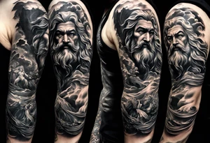 Full left arm tattoo sleeve with Zeus, Poseidon and Hades. Zeus is at the left shoulder, Poseidon is at the left upper arm and Hades is at the left forearm. tattoo idea