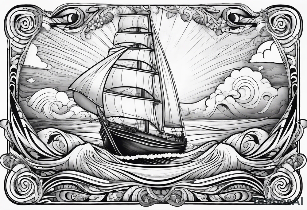 Hula girl on a sailboat with waves and clouds tattoo idea