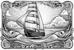 Hula girl on a sailboat with waves and clouds tattoo idea