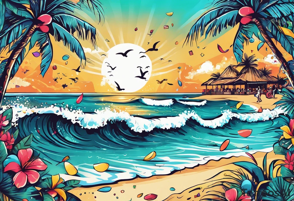 SURFING SAFARI BEACH DANCE 
PARTY WITH CONFETTI AND MUSIC NOTES, TROPICAL DRINKS, SEXY BIKINIS tattoo idea