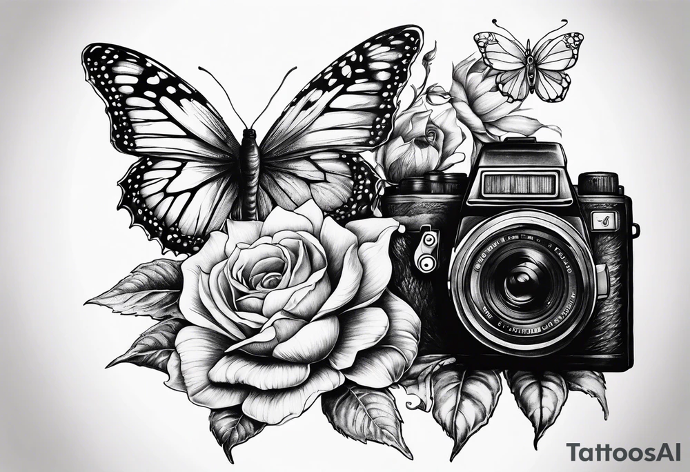 Book, sunflower, camera, butterfly, flower rose tattoo idea Book, sunflower, camera, butterfly, flower rose tattoo idea