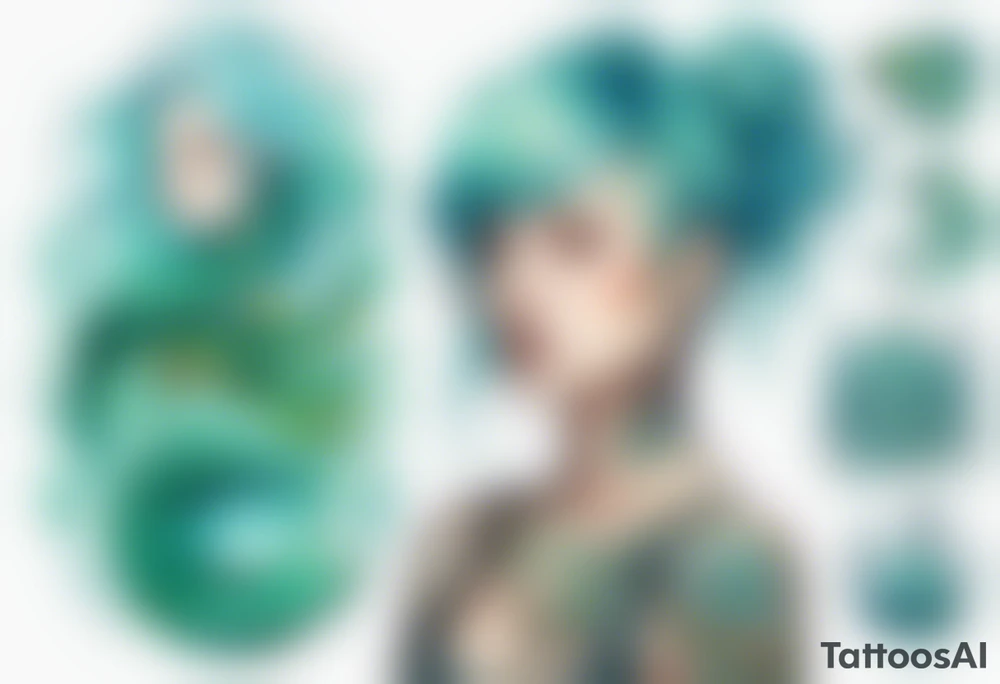 a beautiful woman with blue-green hair standing next to a aqua-marine lindworm tattoo idea