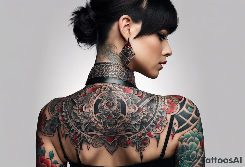 Visualize an (((extremely detailed and advanced tattoo design))), where the name 'LA' stands out in a (((distinctively shaped neck))), adorned with intricate ((colored red and black) lining that creates a (((subtle yet striking visual contrast))) against the (softly glowing, matte skin) tattoo idea