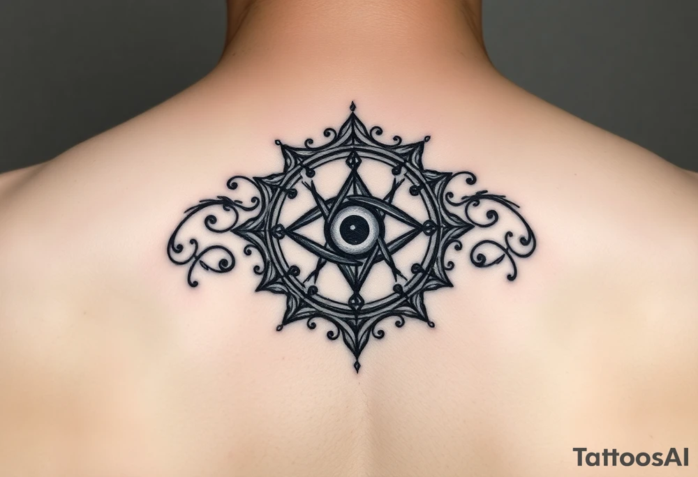 A abundance and protection symbol with an evil eye protection symbol in the center of it.  I’d like it windy very small “so mote it be” with a magic wand tattoo idea