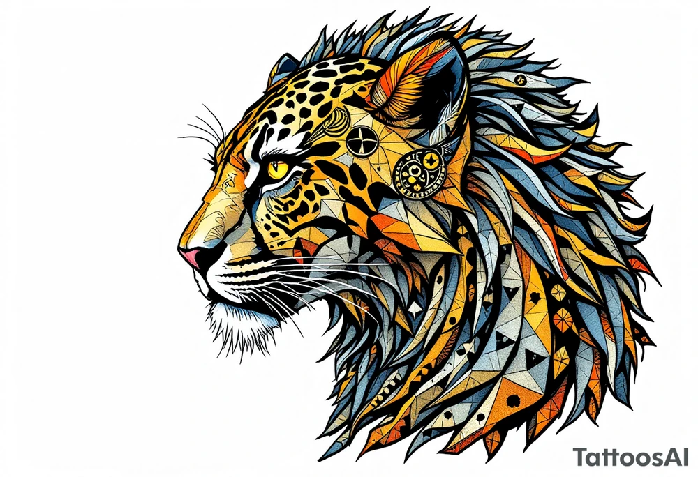 a mix the nemean lion, a warrior of the goddess Bastet, and a leopard, combined with the sun and French pattern, facing left in profile tattoo idea