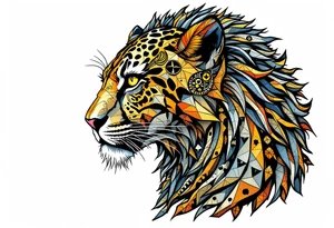 a mix the nemean lion, a warrior of the goddess Bastet, and a leopard, combined with the sun and French pattern, facing left in profile tattoo idea