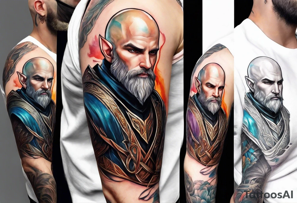 a full-body picture of a human elf, bearded bald male, paladin, from a distance tattoo idea