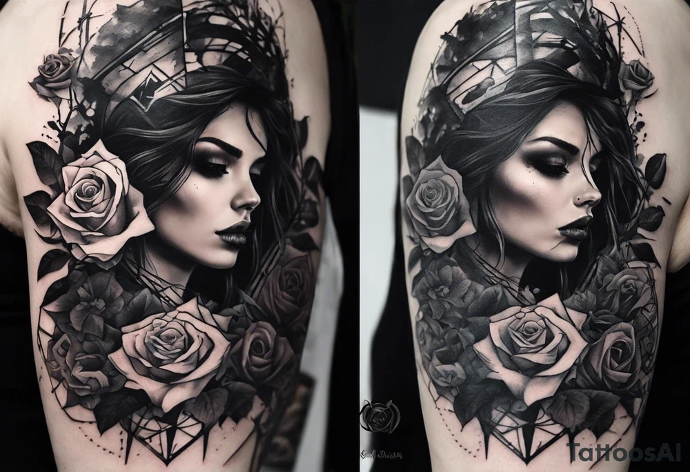 A sleeve tattoo whose elements seem to be connected into one story. Elements on the tattoo: a skull with a rose sticking out of the eye, plants, a girl’s face turning into roots, a destroyed old chain, a broken sword, a butterfly and you can add some connecting elements tattoo idea