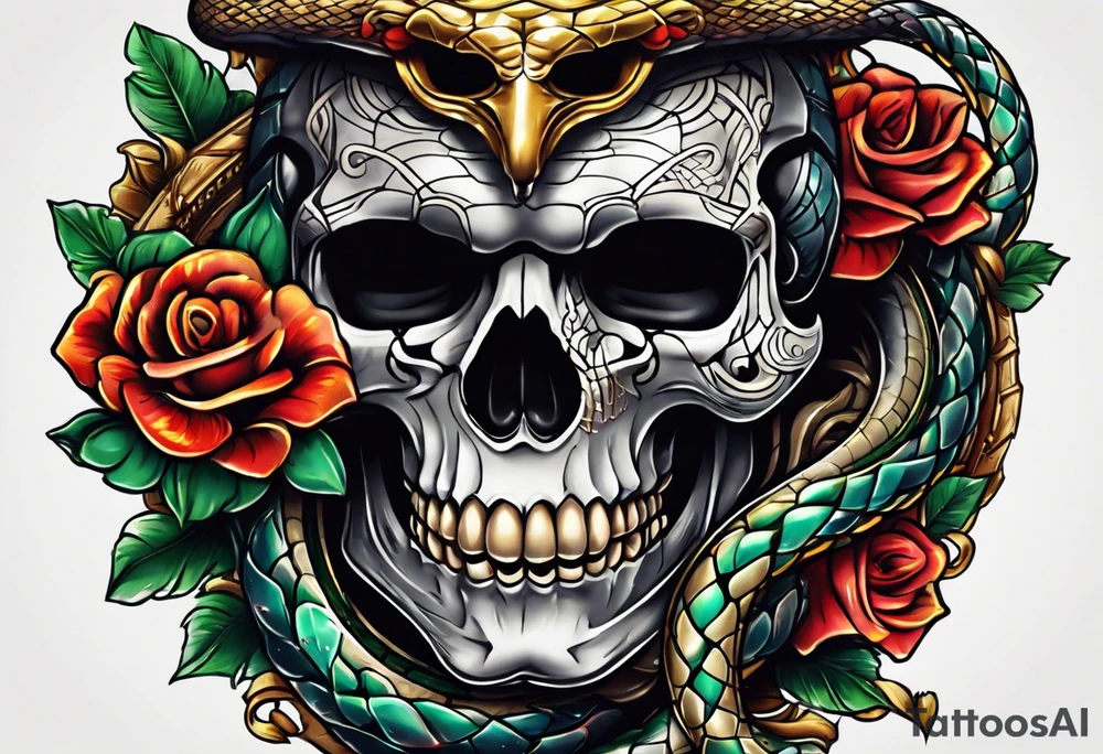 Snake intertwined into a realistic skull coming through the eye ready to strike Mexican style tattoo idea