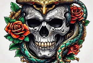 Snake intertwined into a realistic skull coming through the eye ready to strike Mexican style tattoo idea