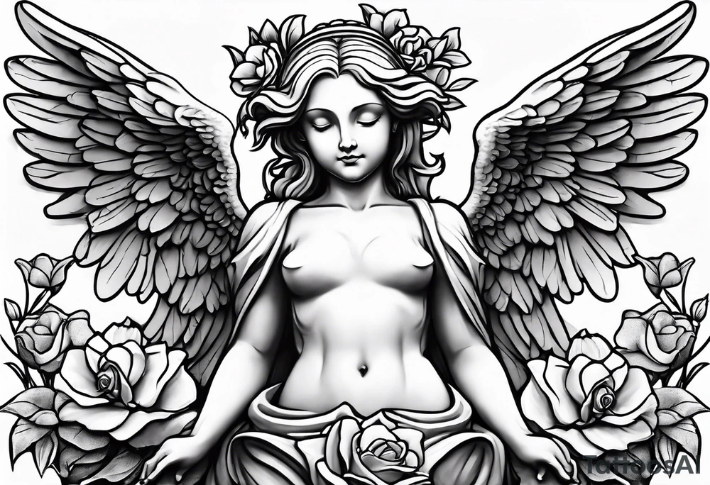 Simple Angel statue stood on a rock with daffodils and roses wrapped around its legs tattoo idea