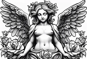 Simple Angel statue stood on a rock with daffodils and roses wrapped around its legs tattoo idea