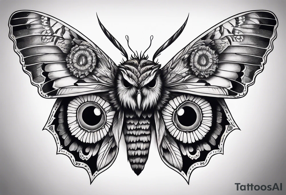 Dead head moth with long wings and owl eyes tattoo idea