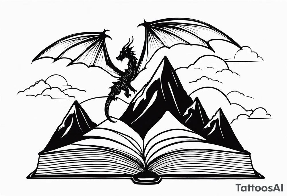 an open fairy book. a dragon with scales and four legs flying in the sky. three mountain peaks tattoo idea