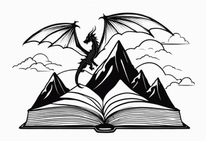 an open fairy book. a dragon with scales and four legs flying in the sky. three mountain peaks tattoo idea