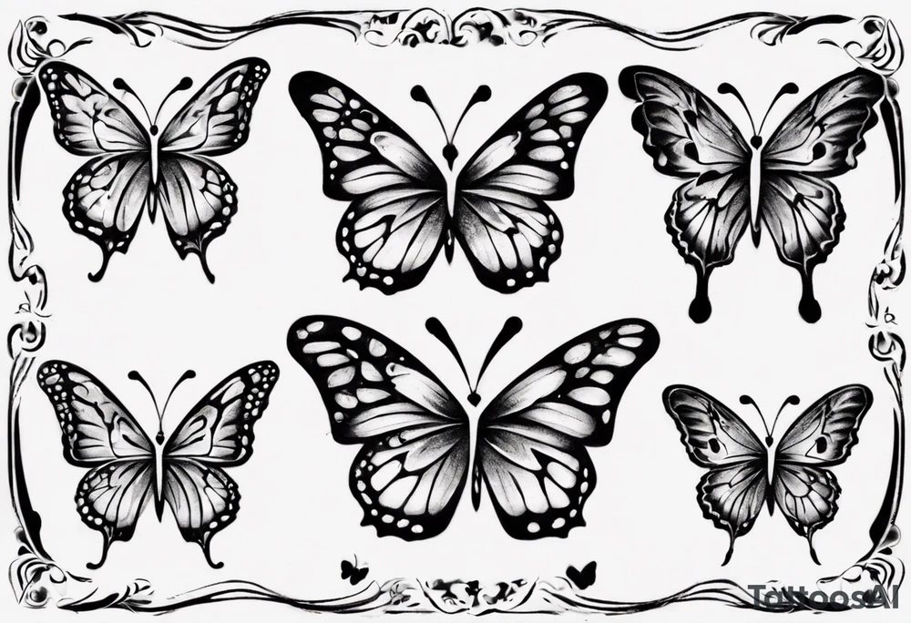 5 butterfly’s dad butterfly, with initial E. O mom butterfly with initial L. O daughter butterfly initial M 2nd daughter with initial M son butterfly initial R.o background the sky beautiful sky colors and grassy area. tattoo idea