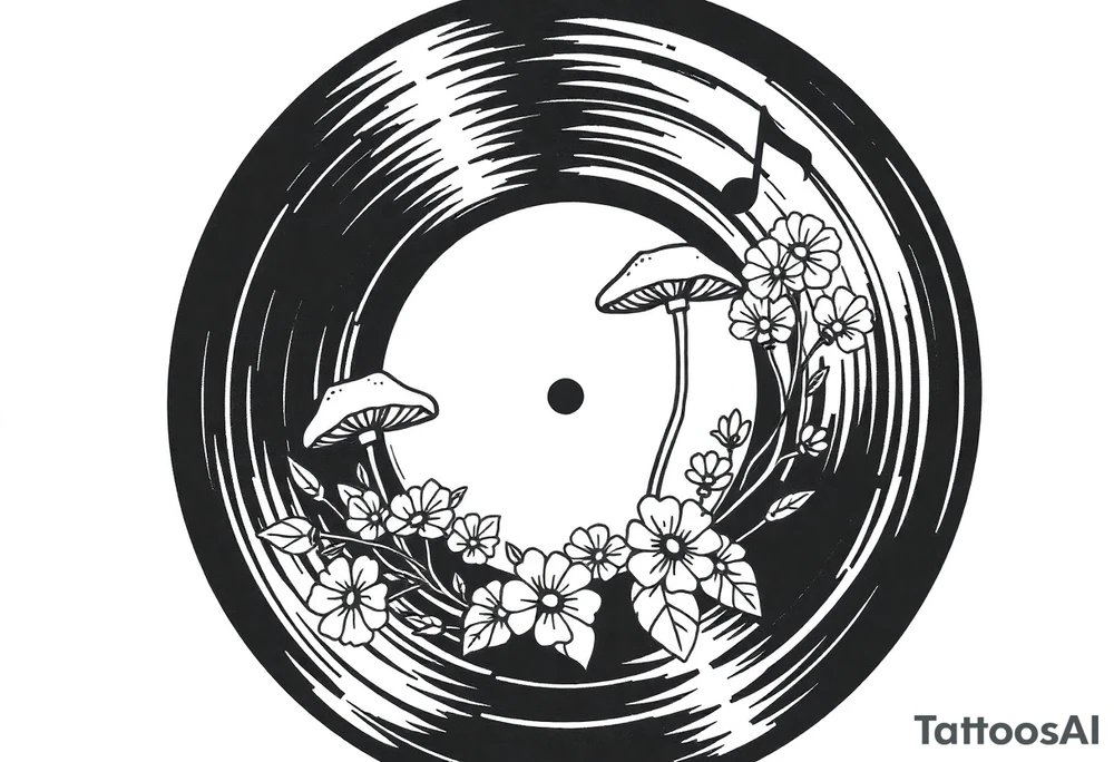 vinyl record with mushrooms, flowers, and music notes tattoo idea