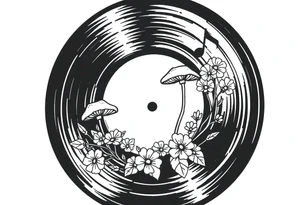 vinyl record with mushrooms, flowers, and music notes tattoo idea