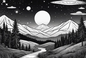 forest with trail and above is night sky with stars and 1 small ufo. vertical tattoo idea