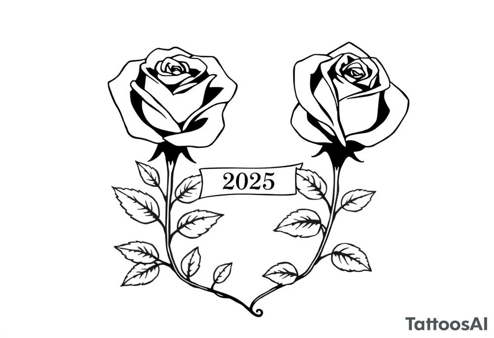 two beautiful large rose buds, one larger than the other, with many leaves next to the rose buds, with one sitting higher than the other. Include a banner connecting the two roses with the year "2025" on it.   Use dark outlines with little shading. The two stems should be short, not long, and connect and join into one stem, whimsically curved or twisted - not straight down. tattoo idea