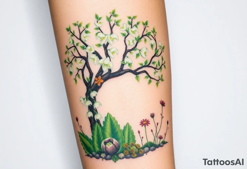 Lilly of the vally plants underneath a blooming hawthorn tree with other plants on ground tattoo idea