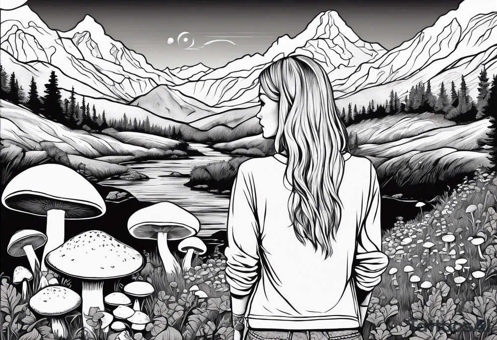 Whole picture encircled fully

Straight long blonde hair hippie girl in distance holding mushrooms in hand facing away toward mountains and creek surrounded by mushrooms long sleeve shirt and hiking pants; whole rendering within a full circle, no cut off circle tattoo idea