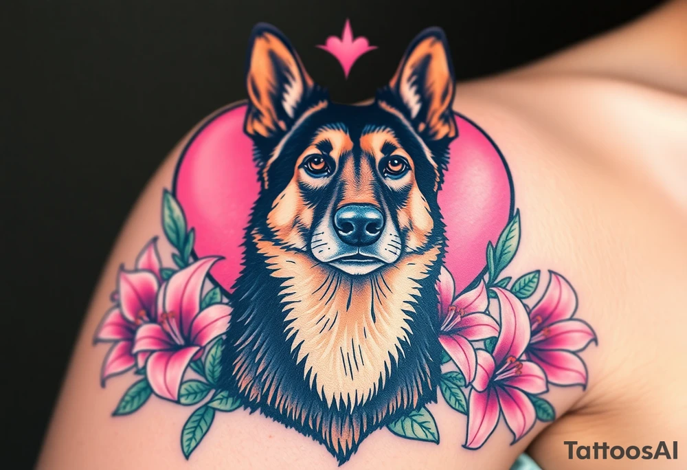 realistic german shepherd with alert ears looking protective surrounded by pink lilies with leaves in front of a sacred heart tattoo idea