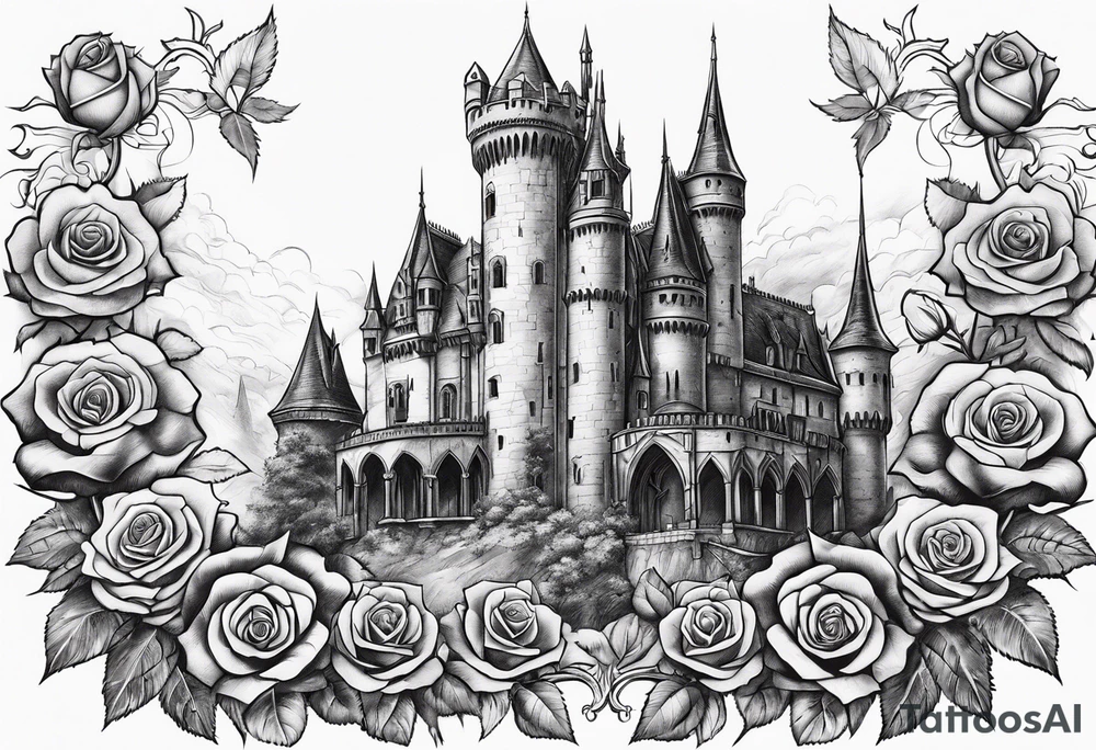 old broken gothic castle, broken sword, roses tattoo idea