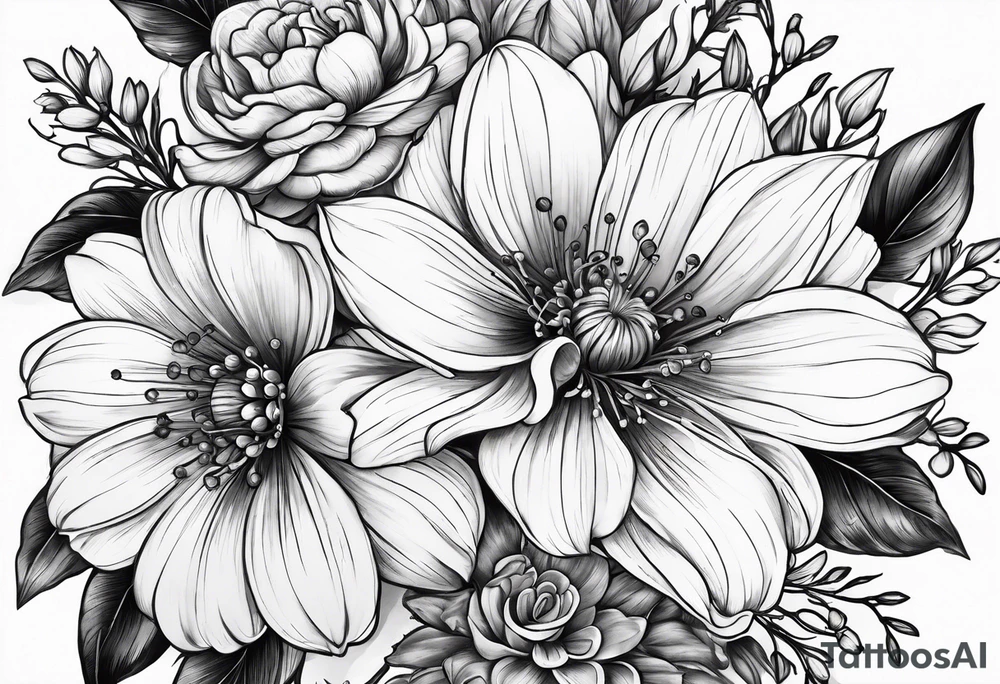 Birth flower bouquet for july april and october fine line tattoo idea