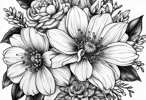 Birth flower bouquet for july april and october fine line tattoo idea