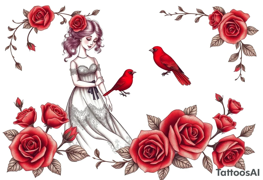 Vintage dollies, red roses, lace, red bird, vintage, wrap around, tighter together, no space open tattoo idea