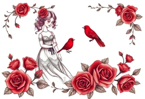 Vintage dollies, red roses, lace, red bird, vintage, wrap around, tighter together, no space open tattoo idea