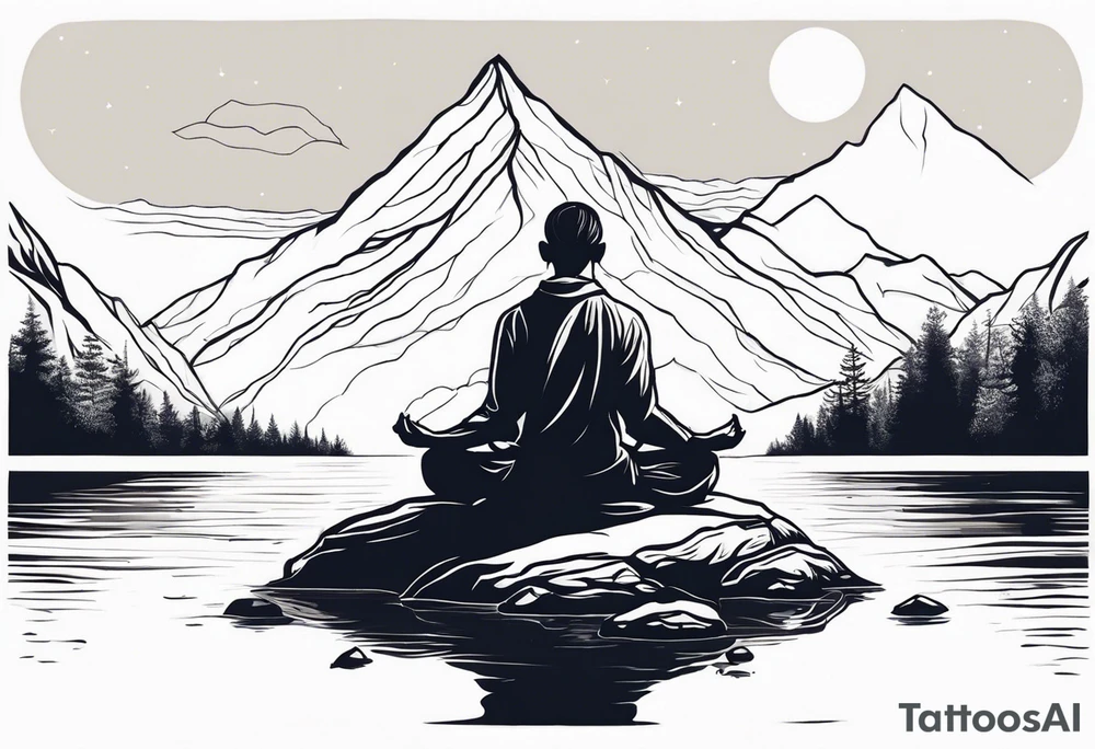 a meditating man by the mountain river tattoo idea
