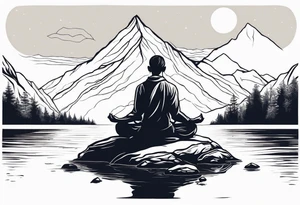 a meditating man by the mountain river tattoo idea