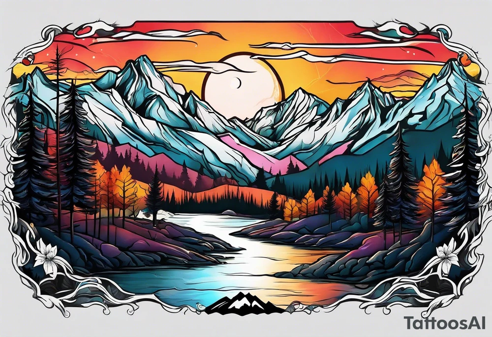 Mountains
Wolf
Forest
Sunset
Moon
Badass tattoo idea
