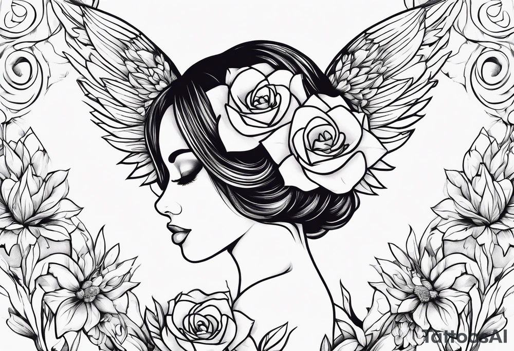 self love, flowers and wings tattoo idea