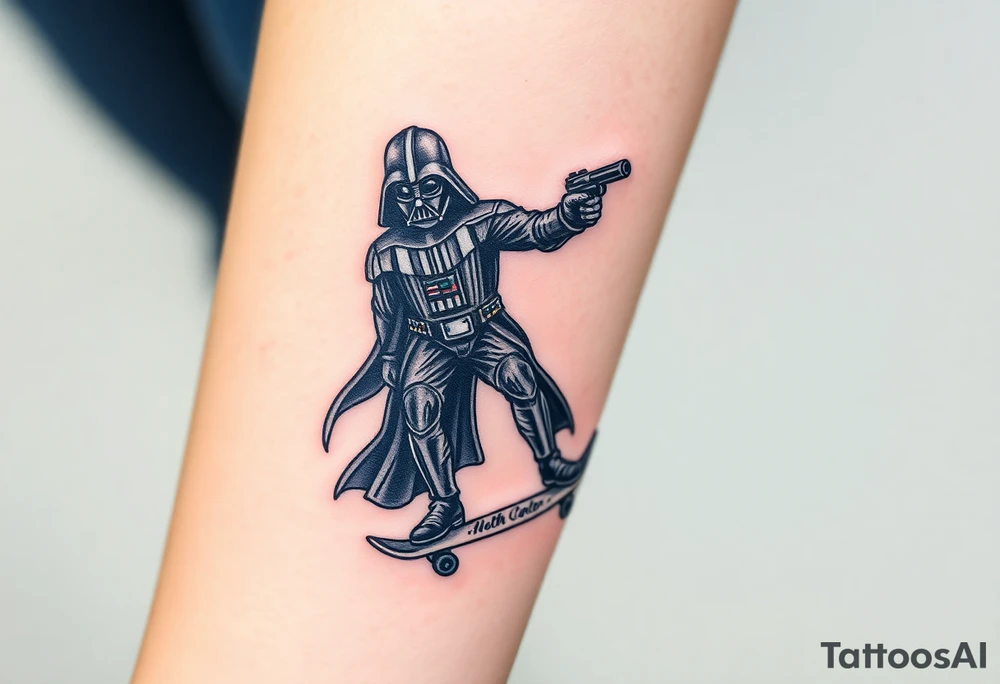 Darth Vader skateboarding with gun> bullets > memorial > god > colors > futuristic/space/star wars
add name "Darth Carter" on skateboard
add date 12/29/88-01/06/24 tattoo idea