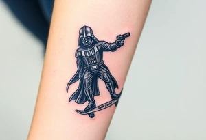 Darth Vader skateboarding with gun> bullets > memorial > god > colors > futuristic/space/star wars
add name "Darth Carter" on skateboard
add date 12/29/88-01/06/24 tattoo idea