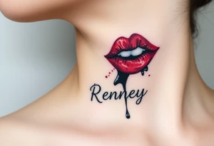 Seductive Stain from lipstick kiss with name Reney lowercase with drool tattoo idea