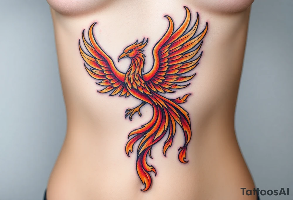 magnificent phoenix rising from golden flames with trailing embers tattoo idea