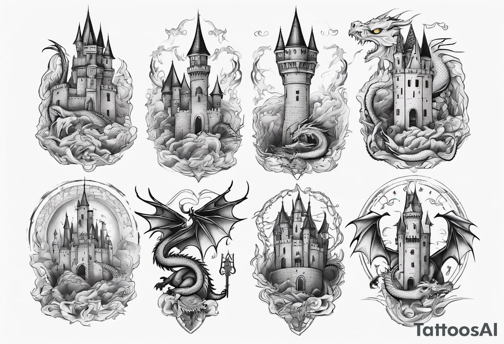 dragons protecting a castle tattoo idea